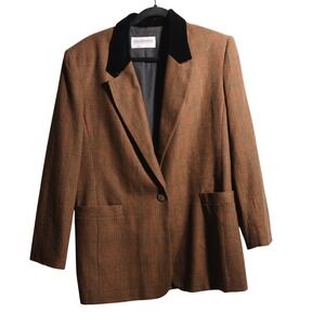 VTG Wool Blend Plaid Velvet Collar Womens Blazer Equestrian Heritage Academia 12